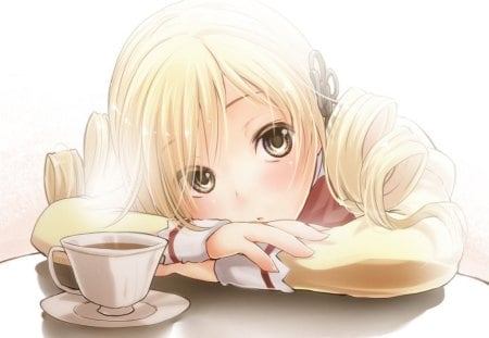 anime cute - sadness, girl, breakfast, mood, anime, tea, blonde