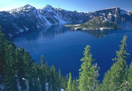 Crater Lake - lake, trees, mountains, sky