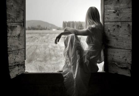 Adolescence - girl, people, hay, adolescence, window, other, dress, barn