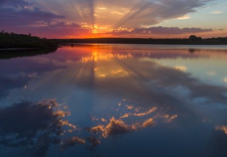 The Sunset - nature, reflections, lake, trees, clouds, sunsets