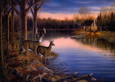 Fall At T he Cabin - scenic, deer, painting, fall, gorgeous, woods, beautiful, cabin, boat