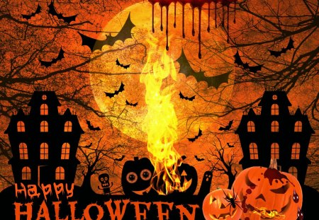 â™¥     â™¦â™£â™  Spooky Halloween Night â™ â™£â™¦     â™¥ - moon, bats, houses, haunted, spider, smoke, blood, fire, halloween night, halloween, pumpkins, tree, jack-o-lantern scary, spooky