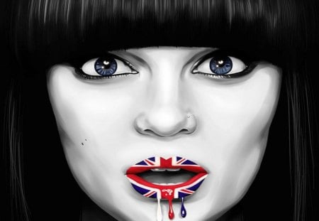 Portrait - face, lips, girl, portrait, digital art, british flag