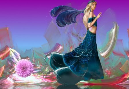 Fantasy girl - water, girl, spring, pink, witch, glower, black, fantasy, purple, woman, wings, fairy