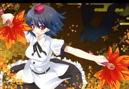 Autumn dance - autumn, dance, girl, leaf, black, bird, ginger, raven, halloween, pink, anime, orange, cute, manga