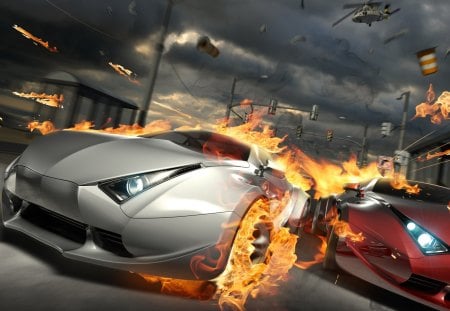 Destruction Race - car, fire, hot, silver, 3d, drag, race