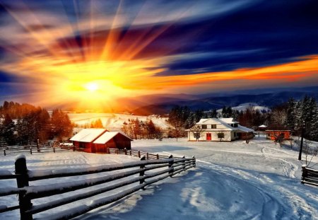 Last sun rays over the small village - nice, sky, slope, dazzling, peaceful, sun, shine, cottages, calm, amazing, pretty, evening, clouds, dusk, rays, houses, fence, mountain, light, winter, lovely, nature, last, glow, village, snow, beautiful, cabin