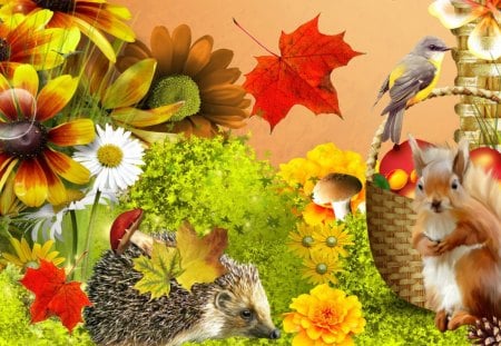 Autumn Flowers and Fruit - nuts, mushrooms, autumn, whimsical, squirrel, porcupine, ivy, apples, bird, fall, fleurs, leaves, flowers