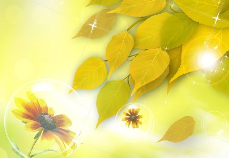 Fall Flower Bubbles - sparkle, yellow, daisy, gold, flower, light, stars, leaves, fleur, fall, glow, birch, autumn, bubbles