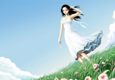 beautiful day - sky, wind, flowers, anime, girl, grass