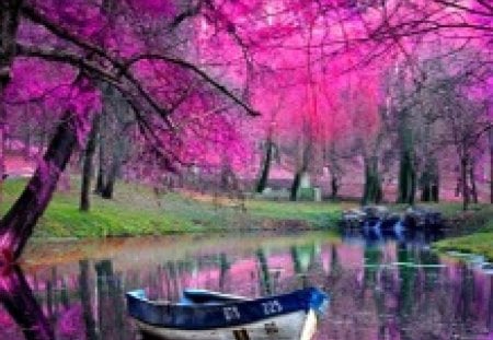 FAIRYTALE LANDSCAPE - barque, rose, eau, lac