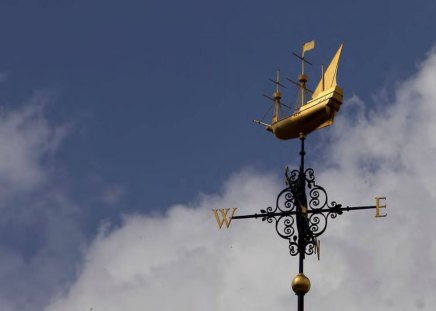 High And Dry - ship, weather vane, sky, clouds