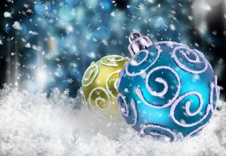 Christmas Balls - pretty, magic, snowflakes, blue, christmas balls, snow, magic christmas, merry christmas, xmas, bokeh, ball, happy new year, beautiful, photography, christmas decoration, beauty, colors, lovely, christmas, green, new year