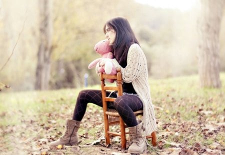 with my teddy - photo, forest, girl, teddy