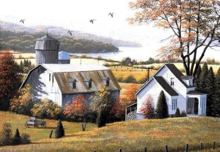 FARM CLOSE TO THE LAKE - lake, farm, barn, autumn