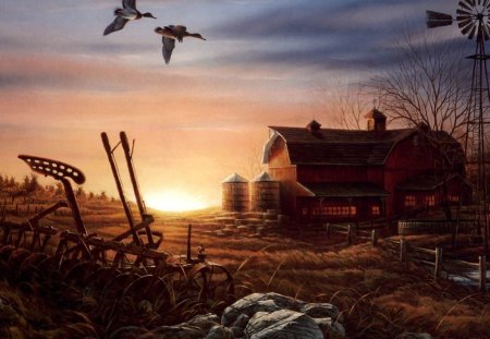 FARM BY NIGHT - autumn, farm, sunset, barn