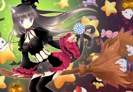 Witch - anime, yellow, blue, food, sweets, pink, stars, lollipop, fly, red, cake, blue eyes, cupcake, girl, chocolate, witch, black, manga