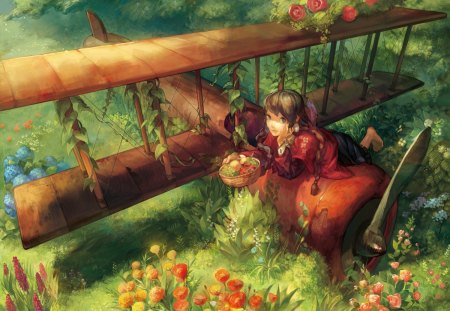 Autumn snack - airplane, snack, anime, girl, grass, forest, manga, autumn, red, green, fruit, cute