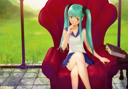 Hatsune Miku - red, cute, armchair, anime, girl, grass, blue, manga, garden, green hair, hatsune miku