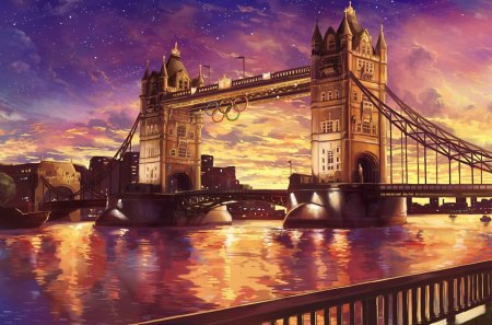 The Bridge - purple, pink, tamisa, water, bridge, anime, night, manga, scenic, sunset, england