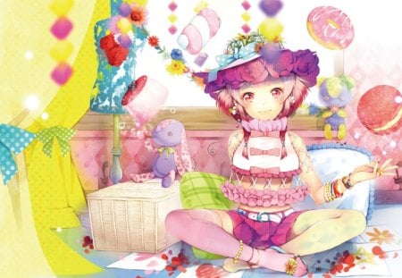 A very sweet day - sweets, girl, day, toy, rabbit, purple, pink, anime, cute, manga