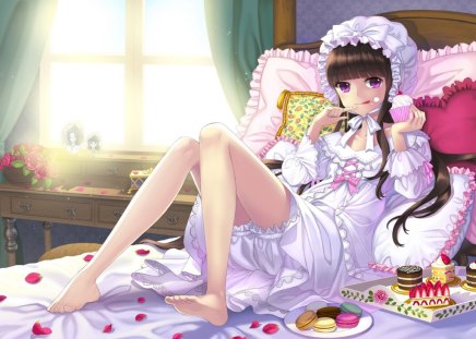 Sweet morning - anime, breakfast, bad, sweets, light, pink, purple, fruit, cake, sun, cupcake, girl, berry, morning, macarrons, manga, white