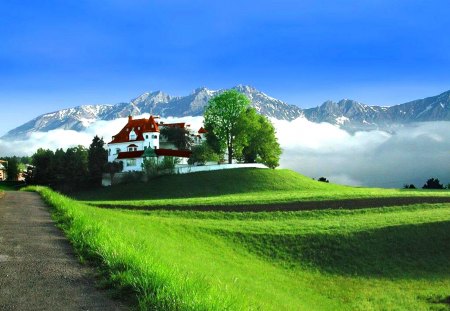 Spring in Bavaria - nice, slope, trees, greenery, meadow, field, path, spring, pretty, castle, green, snowy, grass, germany, bravaria, mountain, summer, peaks, lovely, nature, beautiful, bavariqa, europe