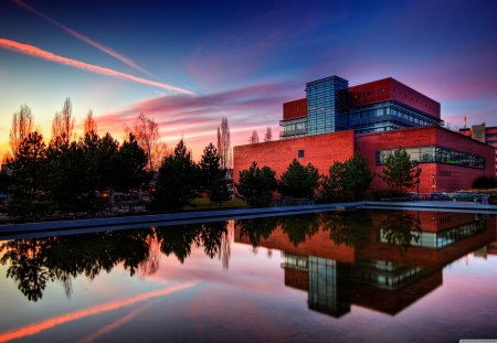 City Scenery - city, scenery, lake, reflection