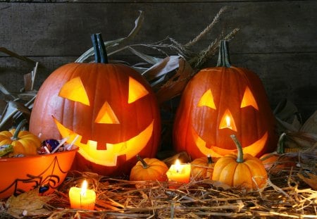 Happy Halloween - hay, halloween, october, jack o lantern, candy, pumpkin, trick or treat, candle, photography, orange, autumn