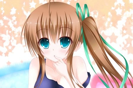 Nagase Minato - hot, swimsuit, hair, eyes, ribbons, clear, black, brown, pretty, dark, anime, ribbon, cute, sexy, background, girl, light, cyan, wallpaper, hd, glow, blue, blush, cleavage, blonde