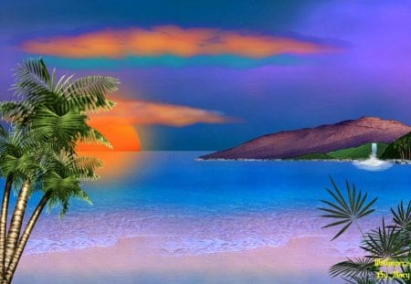 Evening Turquoise - tropics, waterfalls, tropical, beaches, palmtrees