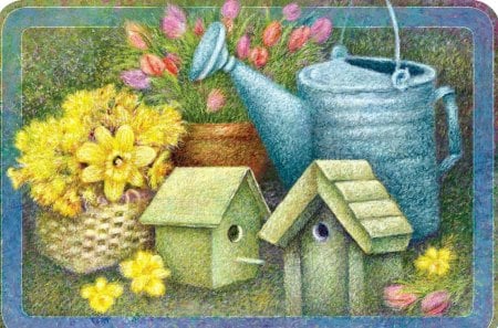 BIRD HOUSE GARDENS - flowers, bird, can, two, houses, watering