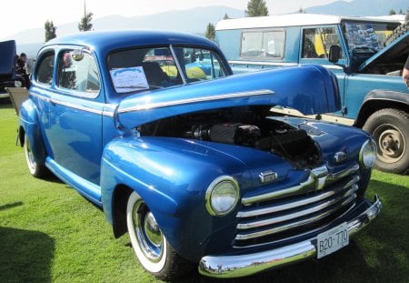 1946 Ford coupe - black, Ford, tires, blue navy, headlights, photography