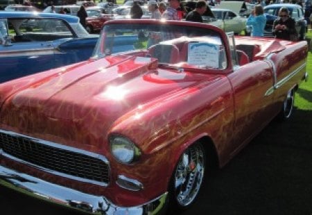 1955 Chevrolet Bel Air convertible - black, tires, headlights, blue, red, photography, Chevrolet