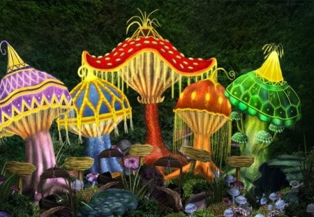 Enchanted Mushroom Village2 - mushrooms, fantasy, colorful, kids