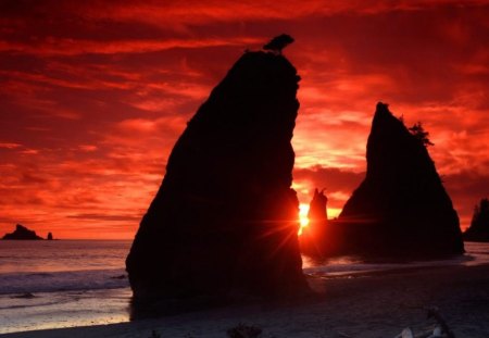 Red Sunset - ocean, sunset, rocks, red