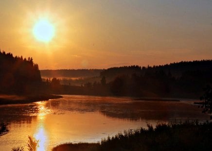 Sunset on the River - hills, sunset, river, golden