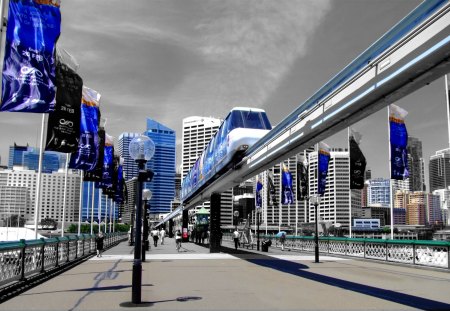 The Sydney Mono Rail - train, monorail, flags, bridge