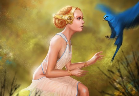 Fantasy - girl, fantasy, bird, blue