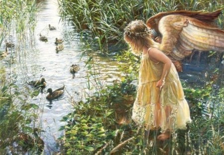 SWEET LITTLE ANGEL - ducks, angel, pond, little girl