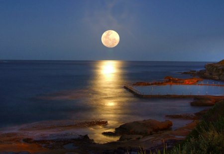 By the Light of the Full Moon - moon, water, rocks, pool