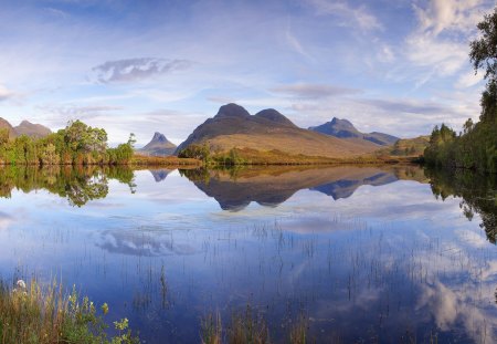 Peaceful Place - beauty, sky, trees, landdcape, peaceful, water, mountains, view, reflection, clouds, tree, grass, scotland, hill, lake, hills, loch cal dromannan, lovely, nature, beautiful, leaves, splendor