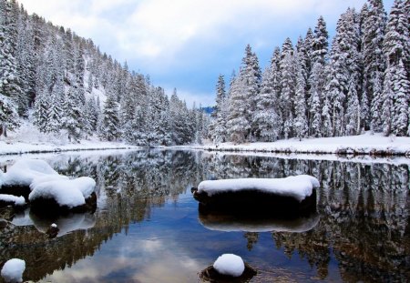 Winter Time - forest, rock, winter, water, daylight, blue, lake, white, sky, reflection, clouds, trees, nature, day, snow, cold