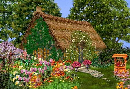 Countryside paradise - cabin, flowers, path, countryside, garden, paradise, nice, cottage, sky, house, greenery, beautiful, lovely, rest, harmony, painting, serenity, floral, park, pleasant