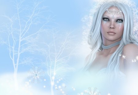 Winter Exotic Beauty - blue, snow, collage, light, stars, beautiful sexy, sky, trees, winter, girl, gothic, goth, fantasy, lady, woman, snowing, cold