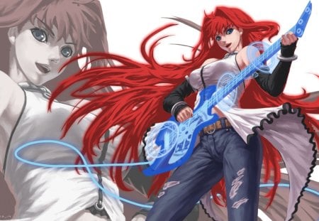 Aozaki aoko - female, guitar, hot, music, anime girl, cool, aozaki aoko, rock, sing, sexy, big breasts, blue eyes, song, long hair, red hair, belt, play, breasts, pants