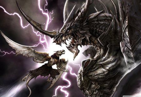 DragonWar - angry, fantasy, dragon, hot, fight, lightning