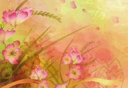 Little Pink Flowers - abstract, stem, petals, pink, flowers, white, ferns, green, bunch, day