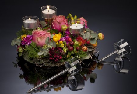 Lovely Trinityâ™¥ - love, roses, candles, fashion, lovely, christmas, centerpiece, entertainment, reflections, forever, floral, arrangement, lights