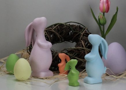 Bunnies family waiting for Easterâ™¥ - waiting, pink, bunnies, sweet, eggs, blue, family, home, tulip, lovely, orange, colorful, green